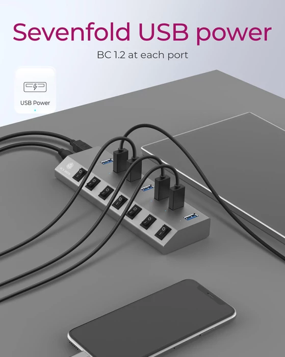 USB hub ICYBOX IB-HUB1701-C3 7-port USB-A me USB-C/USB-A, switch per port, BC 1.2, 65 W, antracit