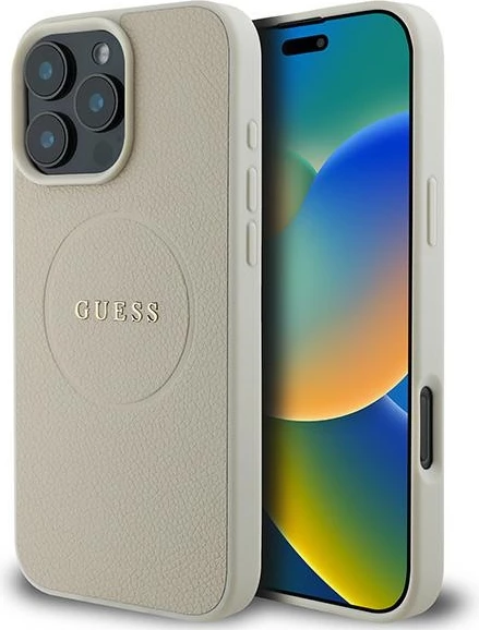 Mbështjellës Guess Grained Ring MagSafe për iPhone 16 Pro, bezhë