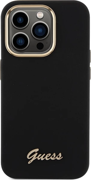 Mbështjellës Guess Silicone Script Metal Logo & Frame për iPhone 15 Pro Max, i zi