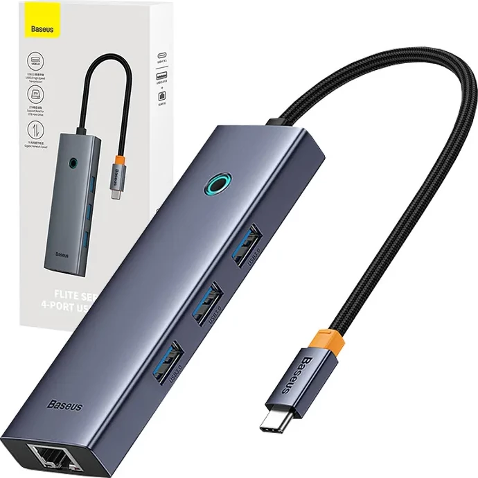 Kasë USB-C Baseus UltraJoy, 4 porte (3x USB 3.0 + RJ45), Gri