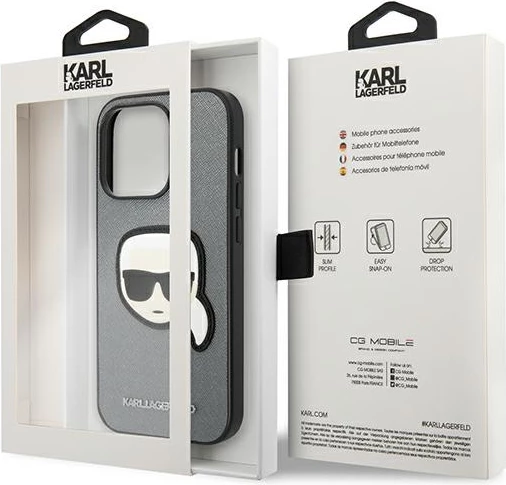 Mbështjellës Karl Lagerfeld KLHCP14XSAPKHG për iPhone 14 Pro Max 6.7", hardcase, Saffiano Karl's Head Patch, argjendtë