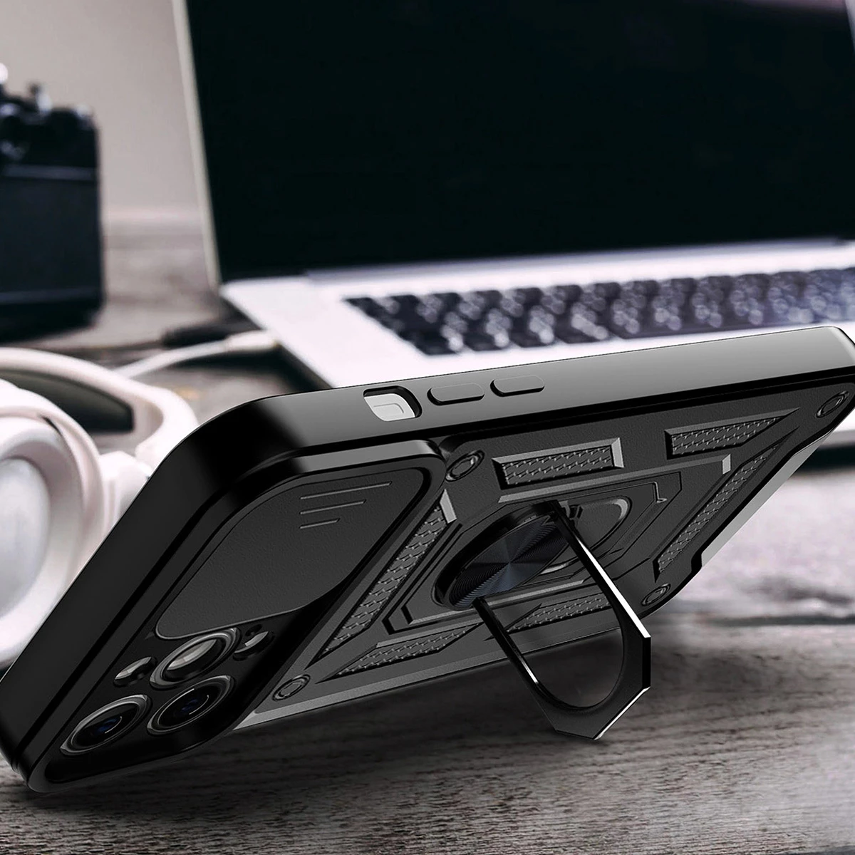 Mbështjellës Hurtel Hybrid Armor Camshield për Vivo X80 Lite / Vivo V25, me kapak kamere, me unazë, i zi