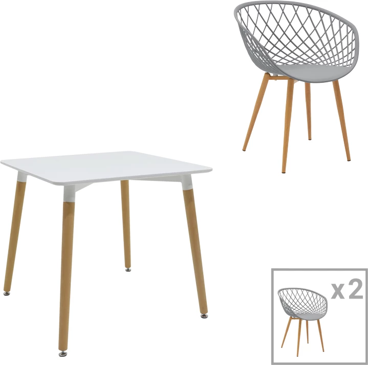 Set tavoline me karrige, ngjyrë gri-bardhë, këmbë natyrale, 80x80x76cm