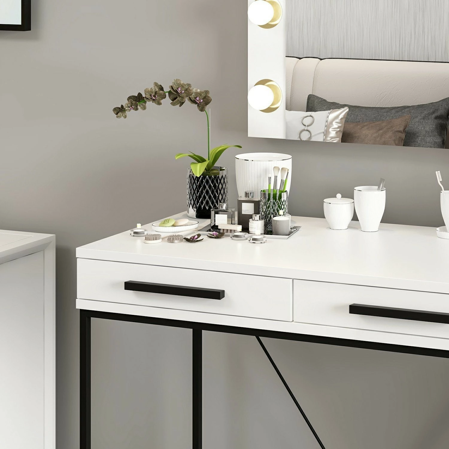 Tavolinë grimi Skye Decor, pasqyrë Sane Mirror3, e bardhë