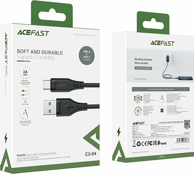 Kabllo USB Acefast C3-04, 1.2m, 3A, e zezë
