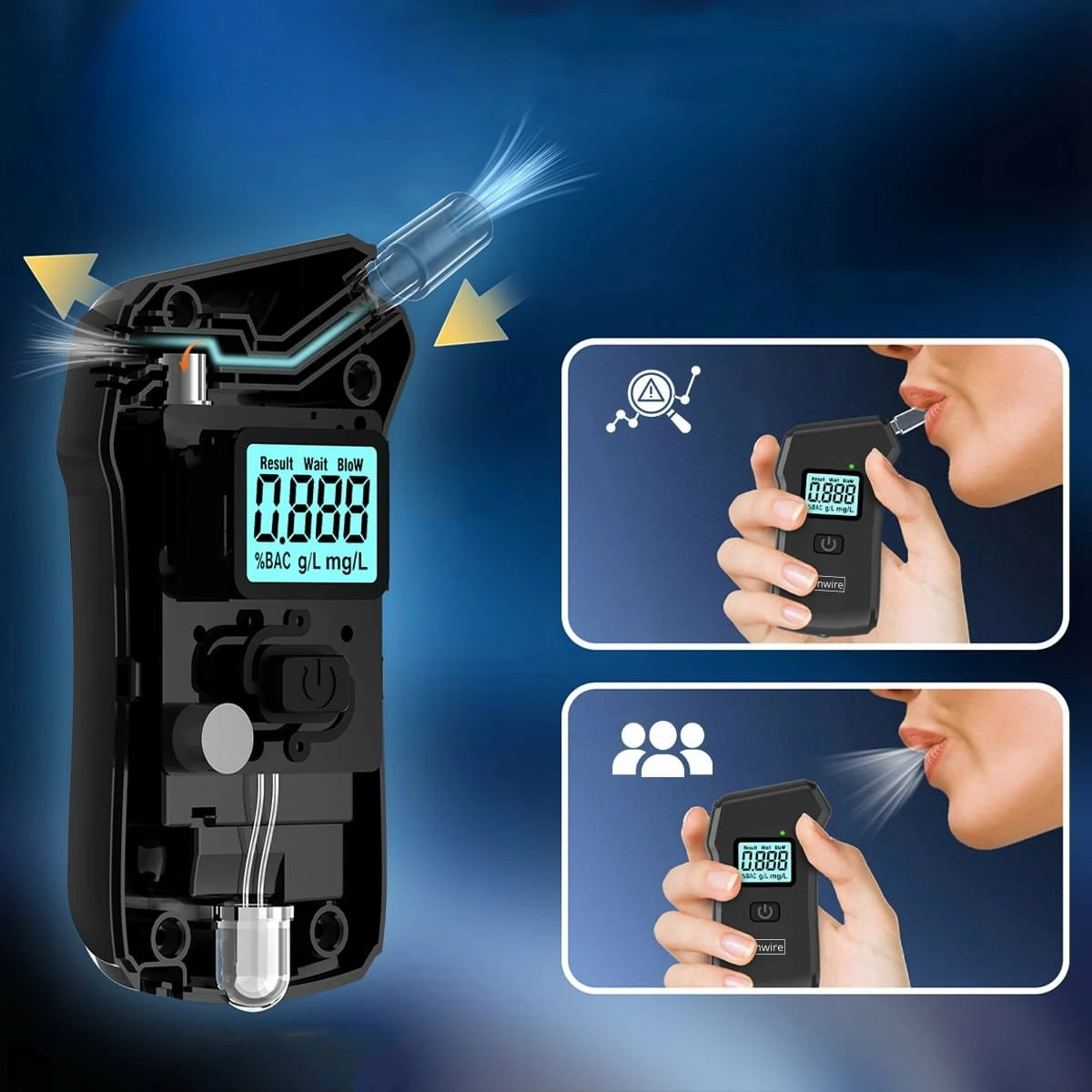 Alkotest digjital Zenwire MR806, 0.0–2.0‰, saktësi 0.01‰, me llambë dore, i zi, set 5 grykë