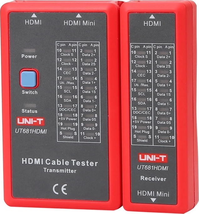Tester kabllosh HDMI, UNI-T UT681HDMI, LED 19-pins, 3 modalitete testimi (fast/scan/full), mbështetje Mini HDMI, bateri 9V, kuq-gri, set transmetues + marrës