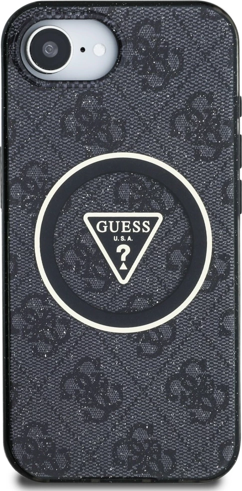 Mbështjellës Guess IML Metal Glitter 4G Circle Triangle MagSafe për iPhone 16e, i zi