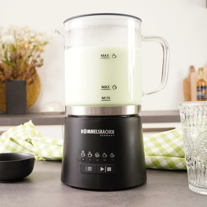 Shkumues qumështi elektrik, Rommelsbacher MS 625, 500 ml, kanaçe qelqi e heqshme, inox, e zezë
