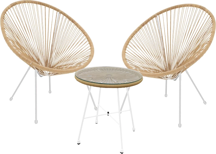 Tavolinë me karrige Acapulco II set prej 3 copash, metal i bardhë, ratan natyral, xham D50X50cm