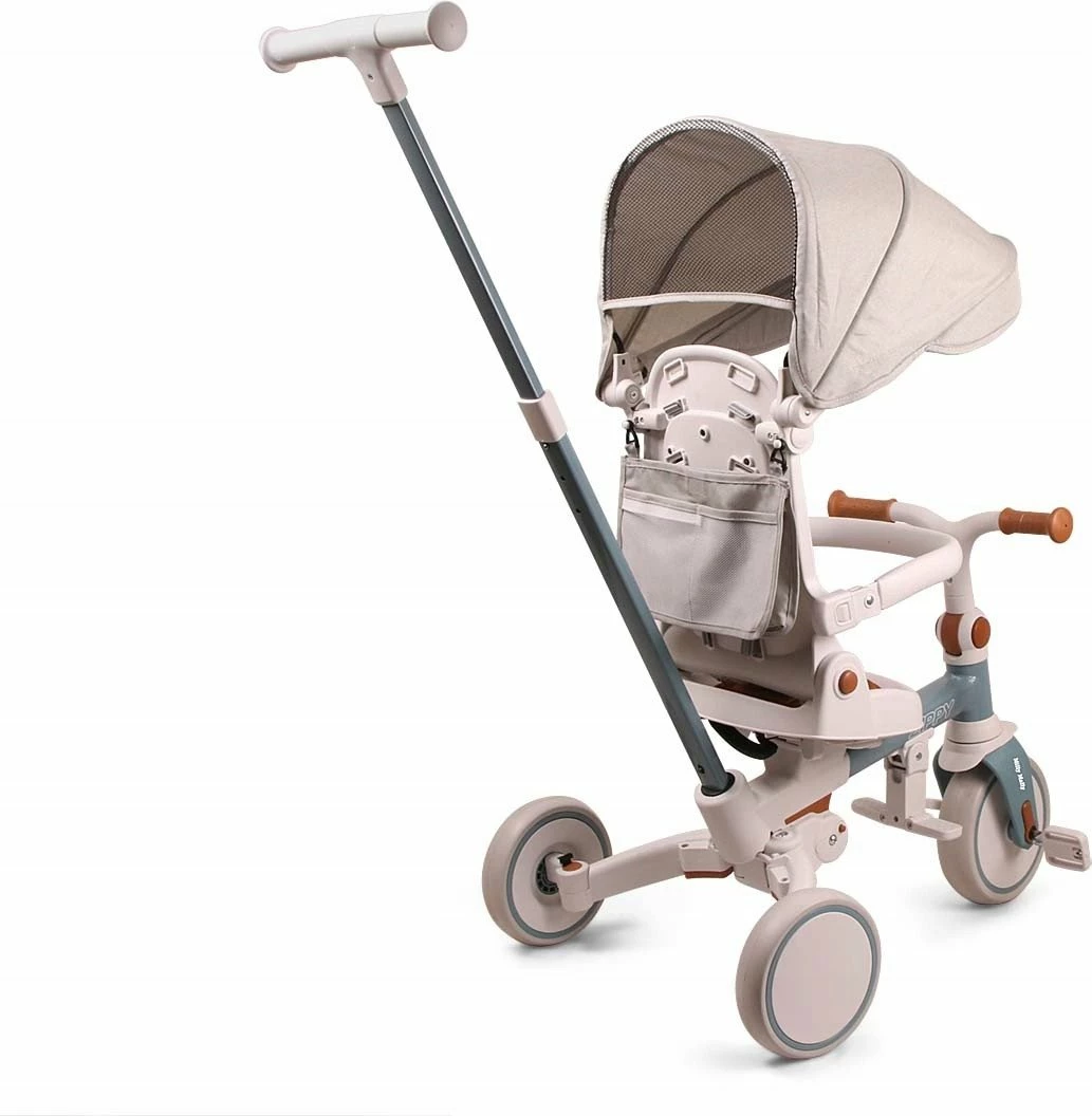 Tricikël fëmijësh Milly Mally Zippy, 12+ muaj, 25 kg max, ulëse rrotulluese 180°, rrota shkumë, kornizë çeliku, me tendë dhe shtytës prindi, Blu