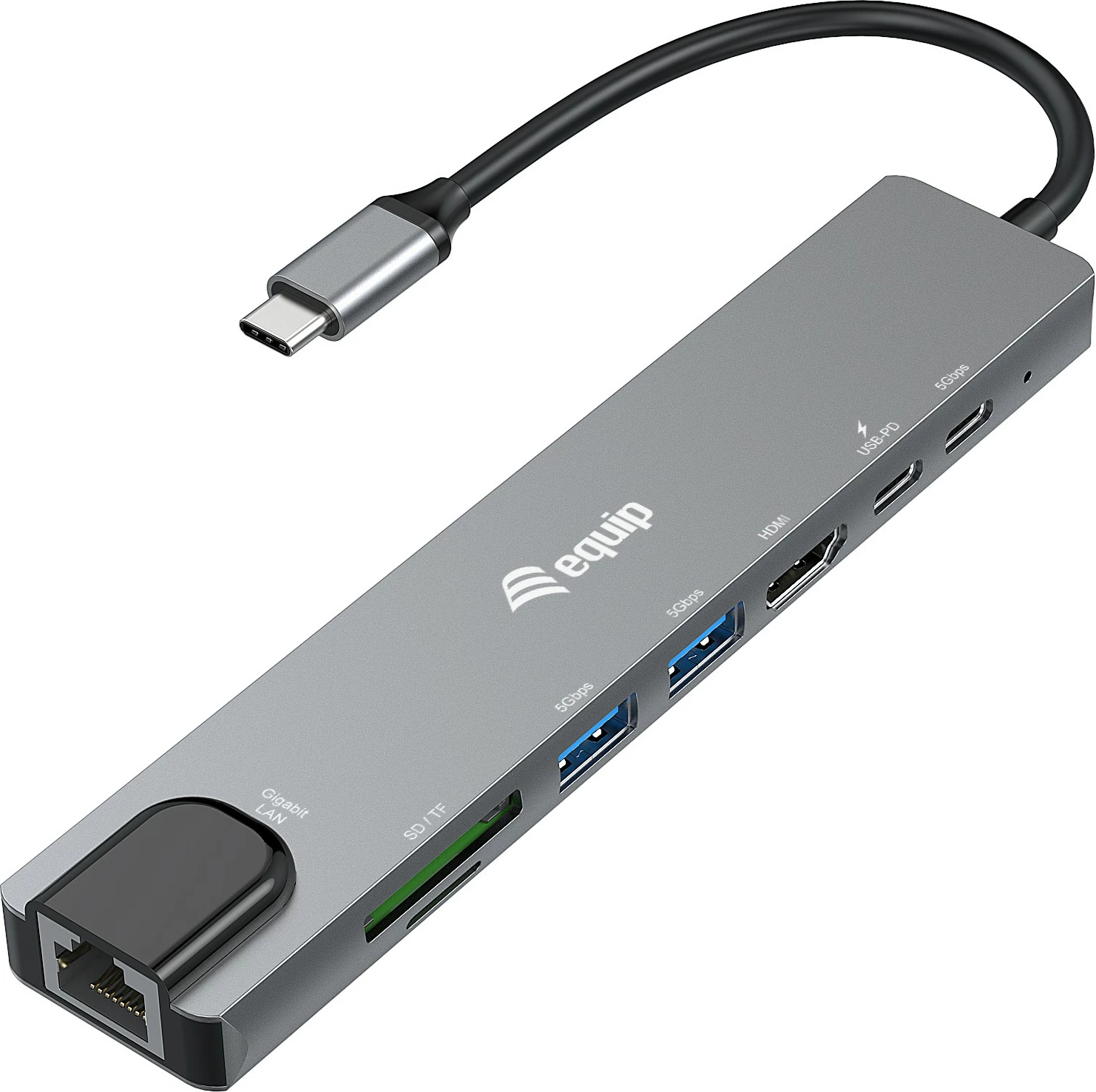Adapter USB-C Equip, HDMI, 3x USB 3.2 Gen1, SD/TF, PD 100W, e zezë/gri
