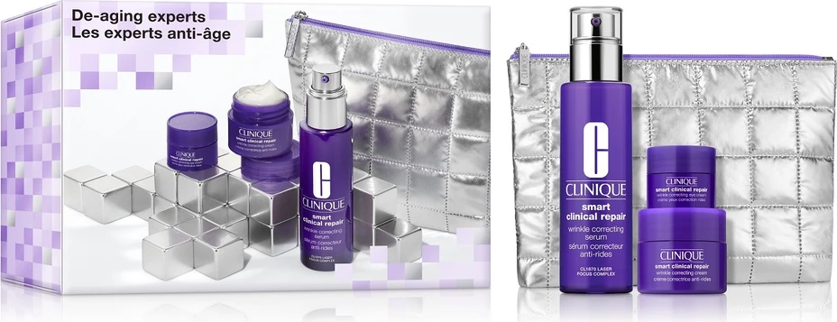 Set për kujdes të lëkurës për femra Clinique De-aging Experts me çantë kozmetike, 3 copë