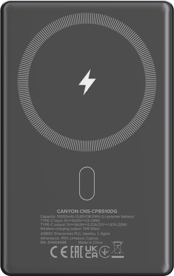 Bateri e jashtme CANYON OnPower 510, 10000 mAh, PD 20W, magnetike (MagSafe), 15W wireless, gri e errët