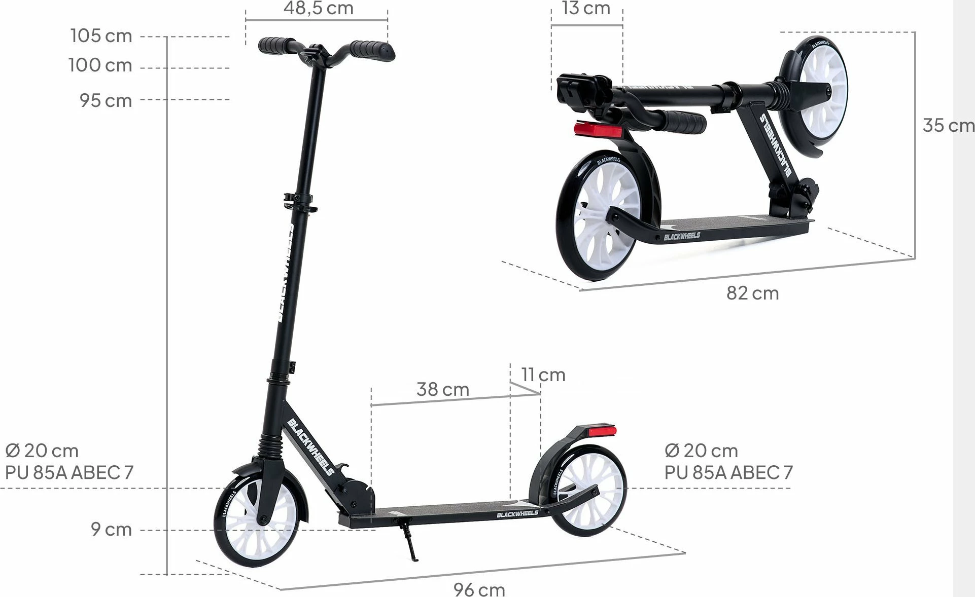 Trotinet Blackwheels Zoom, rrota 200 mm, i palosshëm, ABEC-7, timon i rregullueshëm 95-105 cm, deri 100 kg, i zi
