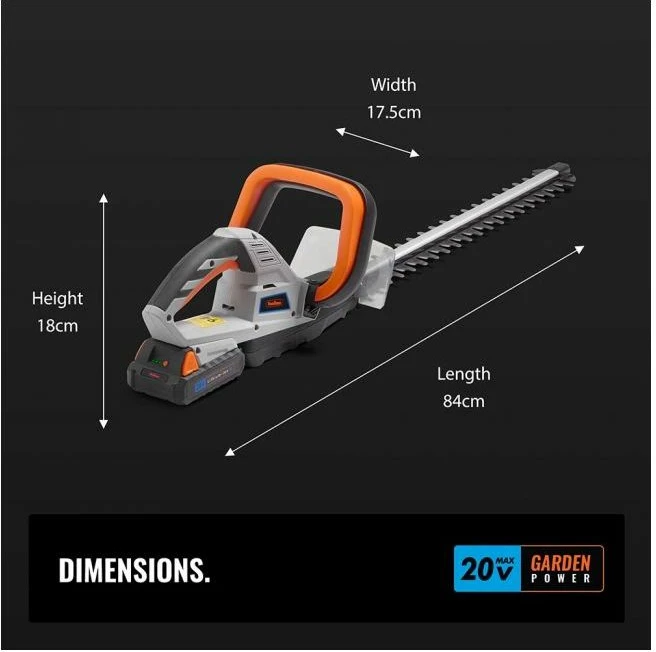 Trimer me bateri për gardh VONHAUS G-Series MPN 2515067 20V MAX 1.5Ah, teh 51 cm, prerje deri 15 mm, gri/portokalli, set me bateri+karikues+mbrojtës tehu