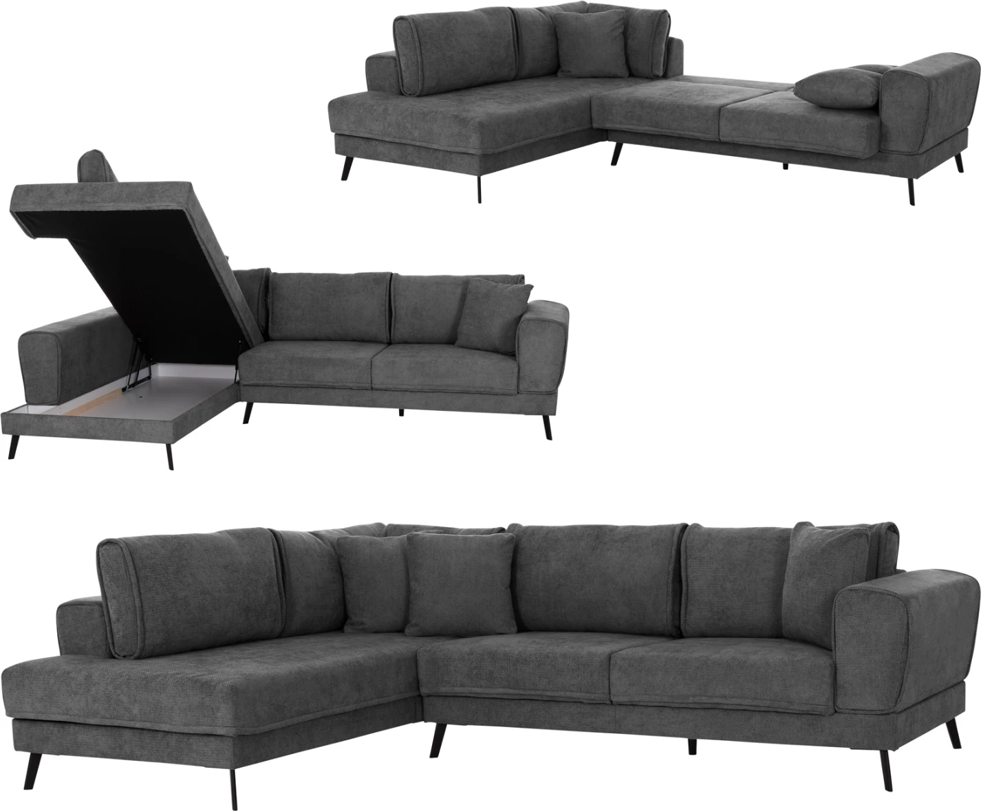 Kënd-sofëbëd majtas Zenora, material tekstili gri e errët, FH3337.01L, 303x214x80cm