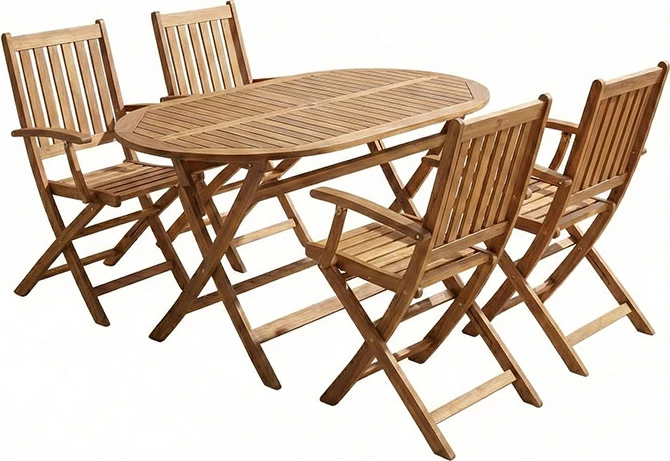 Tavolinë me karrige për terasë Mobie-Falov, dru akacie natyrale, set prej 5 copësh, 130x80x72cm