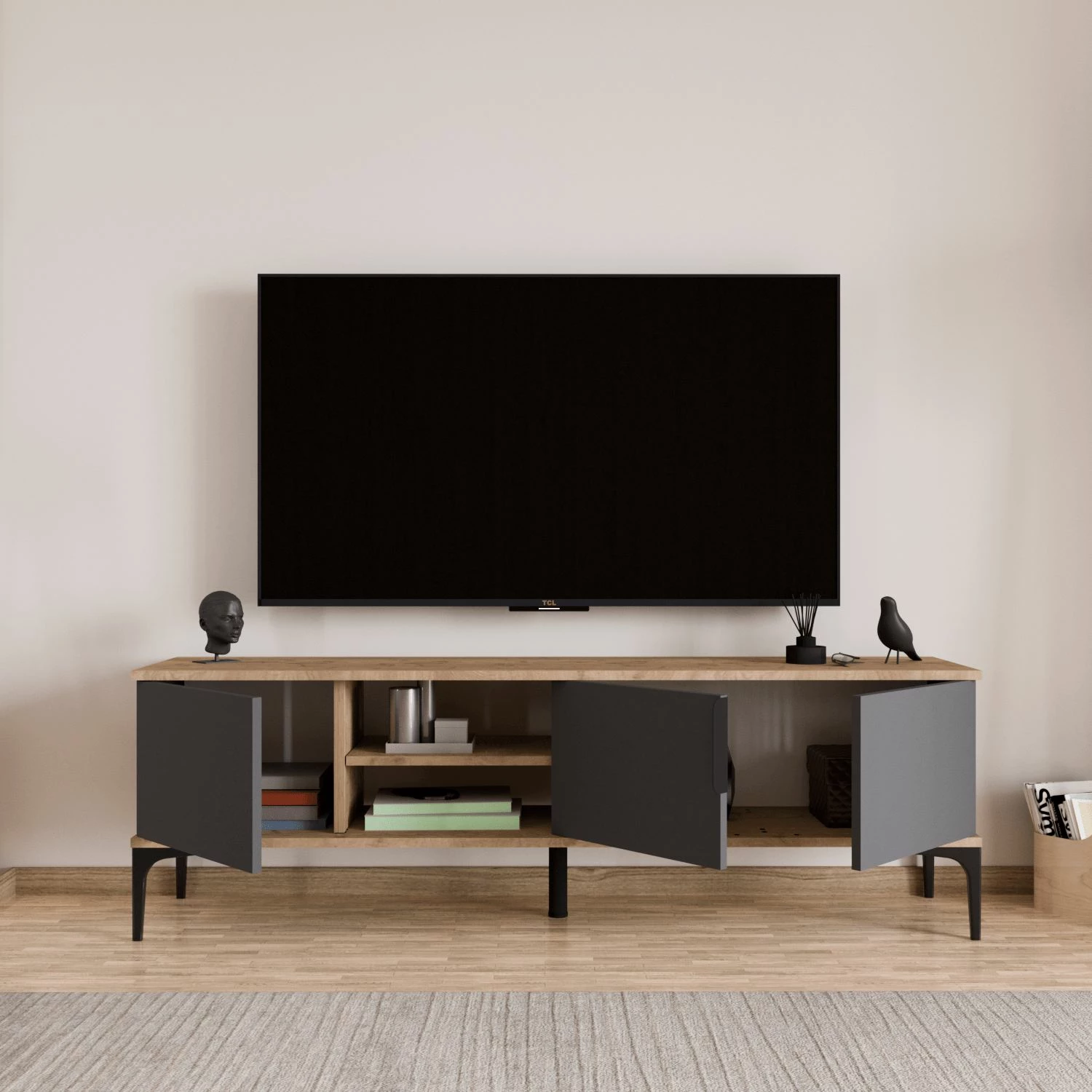 Komodë TV Skye Decor, ngjyrë lisi dhe antracit
