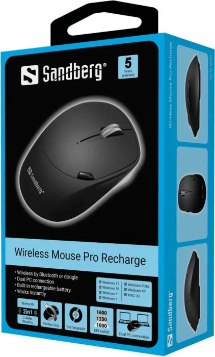 Maus SANDBERG Wireless Mouse Pro Recharge 631-02, 2.4GHz + Bluetooth 5.0, 6 butona, 1600 DPI, bateri 500mAh, e zezë, set (maus + USB receiver + kabllo USB-C)