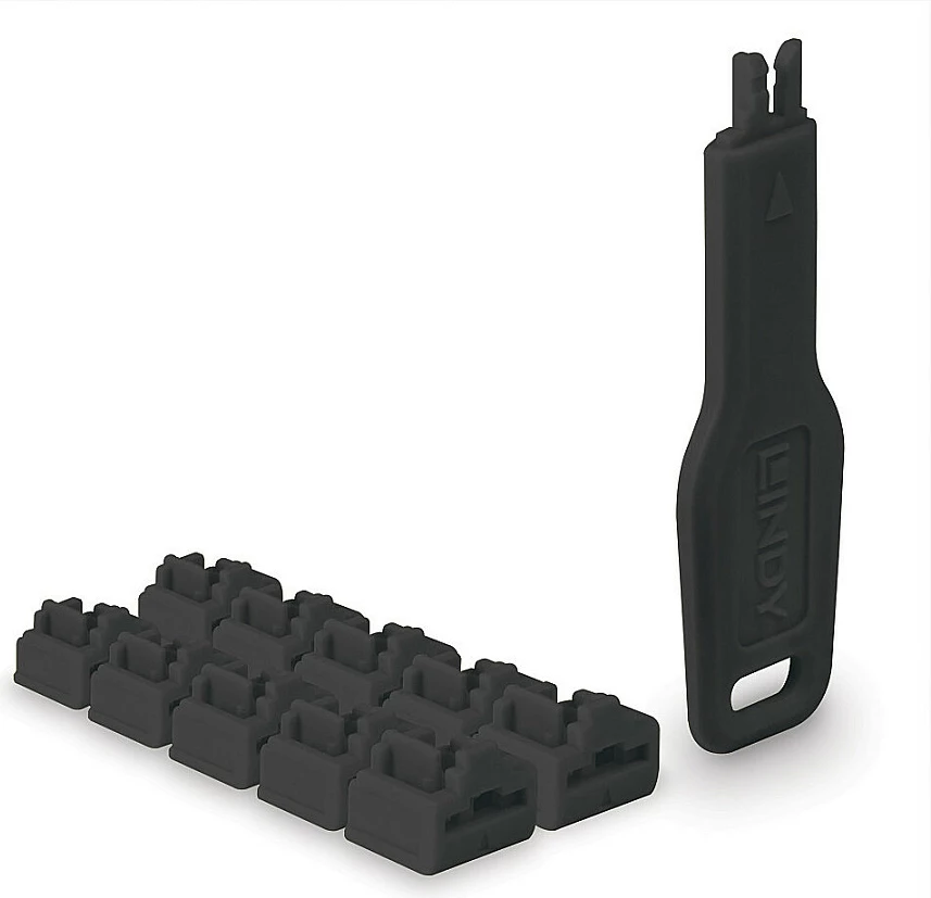Bllokues porte RJ45 LINDY, 10 copë + 1 çelës, i zi