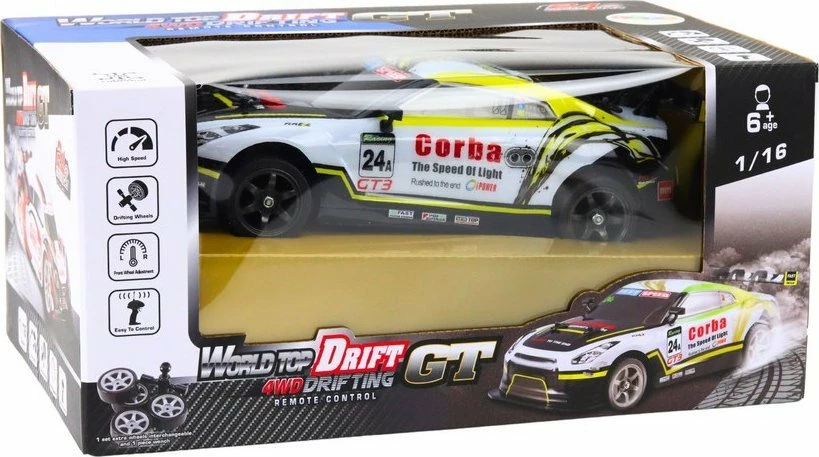 Vetura me telekomandë LeanToys RC Drift 1:16, 2.4 GHz, rrota të ndërrueshme, e bardhë-verdhë, set me rrota rezervë