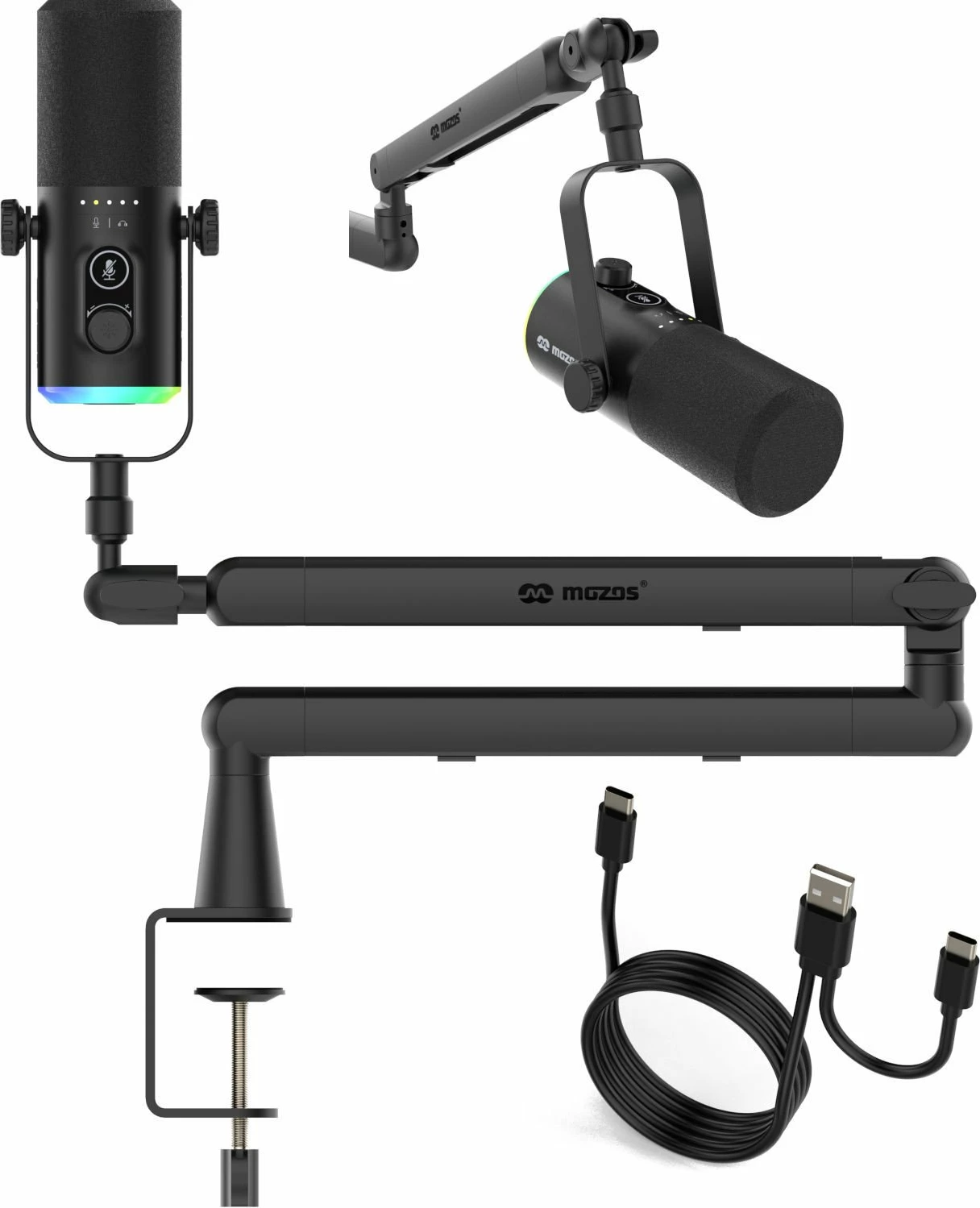 Mikrofon dinamik Mozos TAM8 v2, USB-C/XLR, kardioid, i zi, set me krah tavoline dhe kabllo