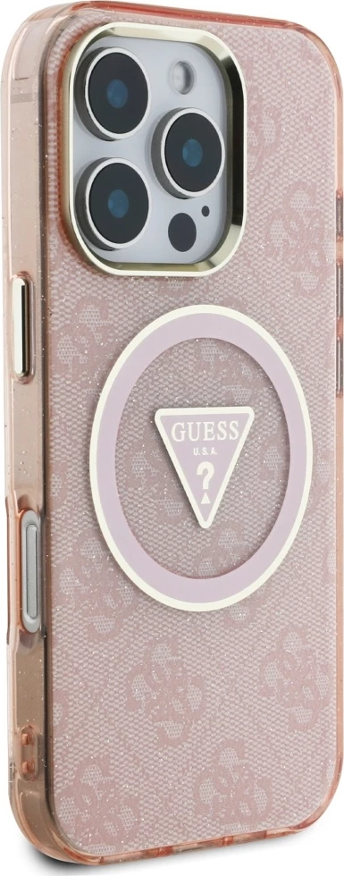 Mbështjellës Guess IML Metal Glitter 4G Circle Triangle MagSafe për iPhone 16 Pro, Rozë