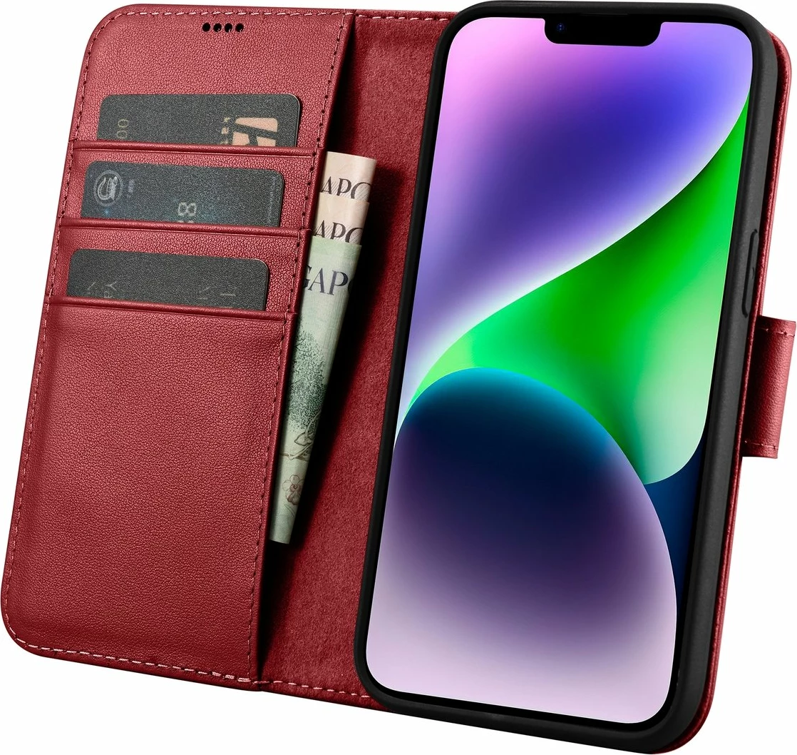 Mbështjellës iCarer Wallet Case 2in1 për iPhone 14 Plus, lëkurë natyrale, Anti-RFID, Kuq