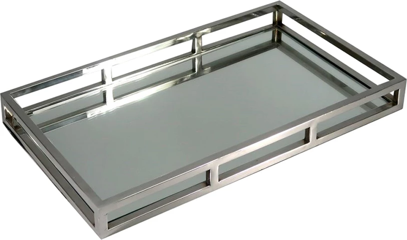 Tabaka dekorative me pasqyrë, alumin, ngjyrë argjendi, 50x30x6cm