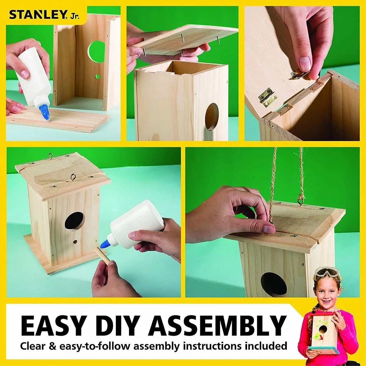 Set DIY shtëpizë zogjsh prej druri Stanley WDCBW5T, 20 x 14.5 cm, me 5 vegla (çekan, 2 kaçavida, syze mbrojtëse, metër)