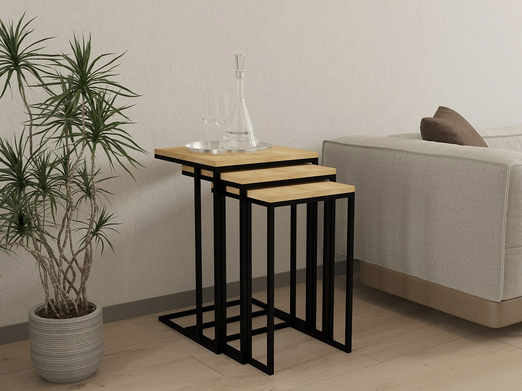 Set tavolinash ndihmëse, 3 copë, Hanah Home Roma, ngjyrë safir dhe e zezë