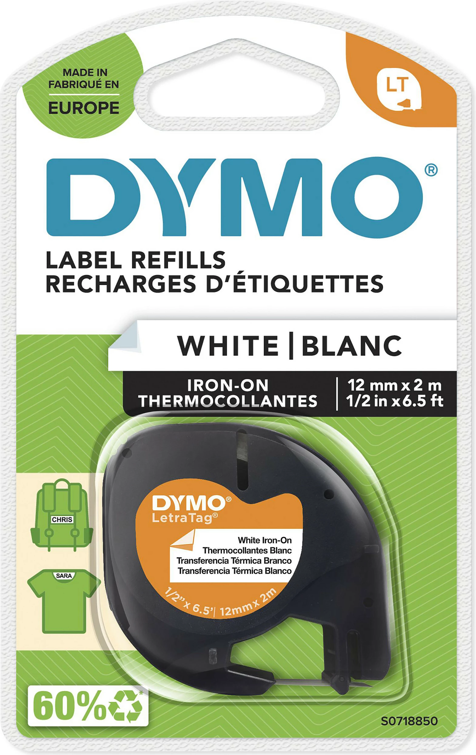 Shirit etikete Dymo LetraTag Iron-On, 12 mm x 2 m, bardhë