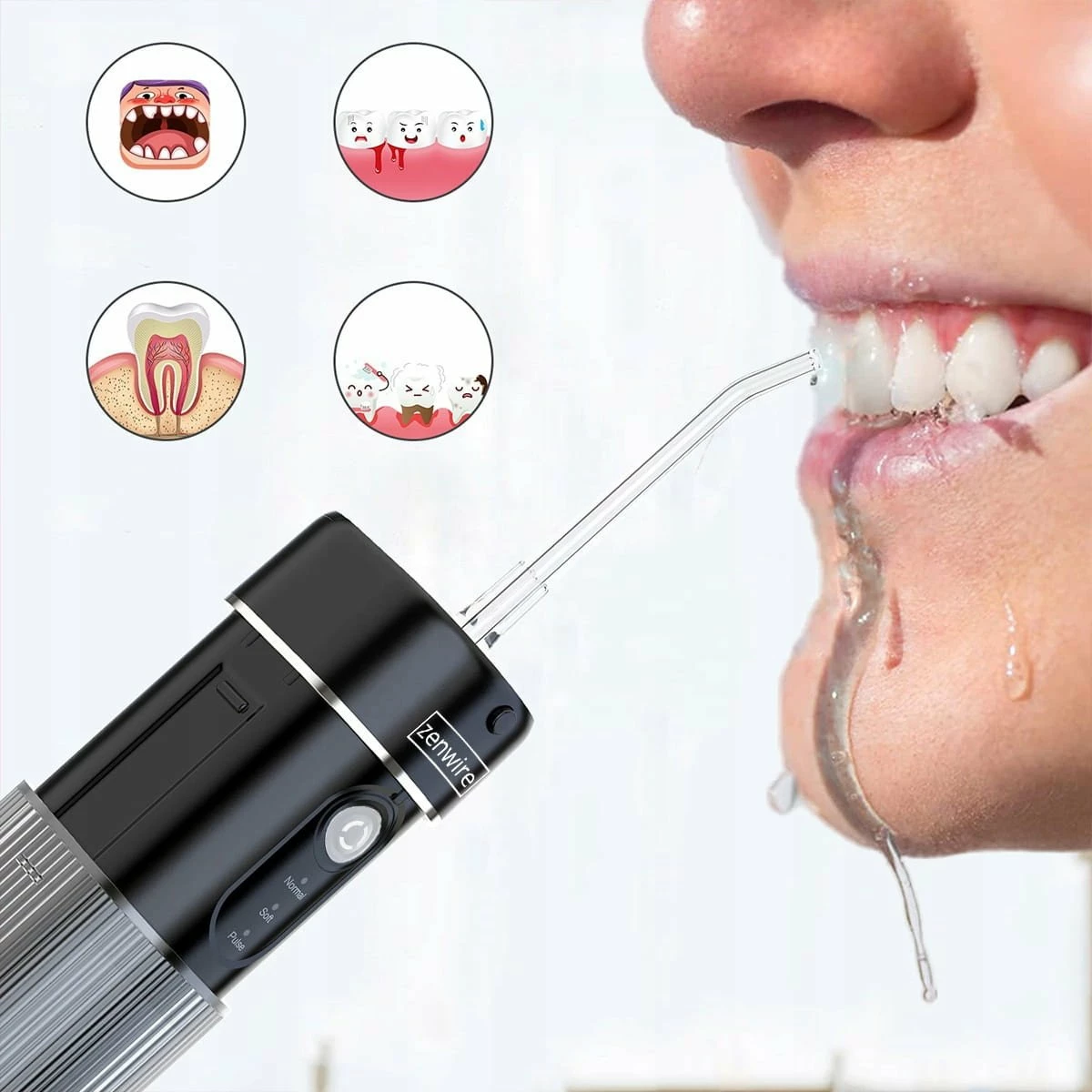 Irigator dentar portativ pa kabllo Zenwire WF309, 190 ml, 3 moda, IPX8, me 6 gryka, i zi