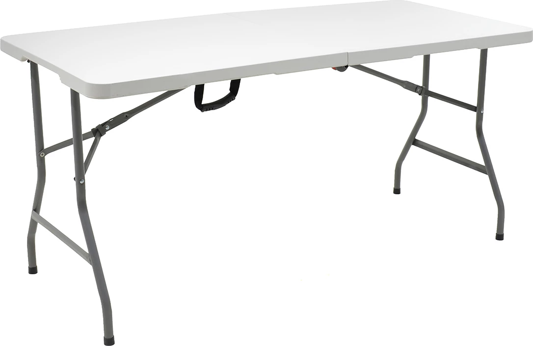 Tavolinë palosëse për kamping, kornizë metalike, ngjyrë e bardhë, 152x60x74cm