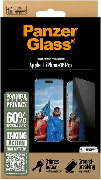 Mbrojtëse ekrani privacy PanzerGlass për iPhone 16 Pro, MPN 24417, Full Glue, Edge, Ultra-Wide Fit, me EasyAligner