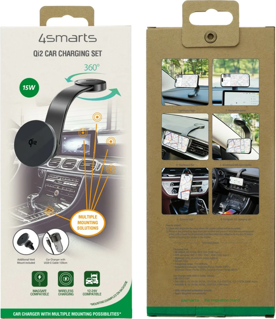 Mbushës wireless 4smarts Qi2, Auto, 12 V, 1.2 m, Gri