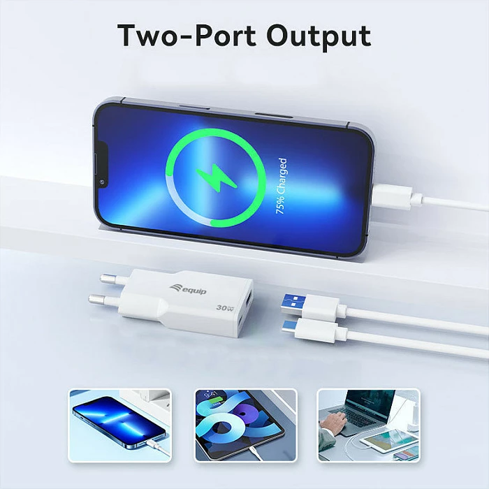 Karikues muri EQUIP 2-Port USB-C PD 3.0 + USB-A, GaN, 30W, i bardhë