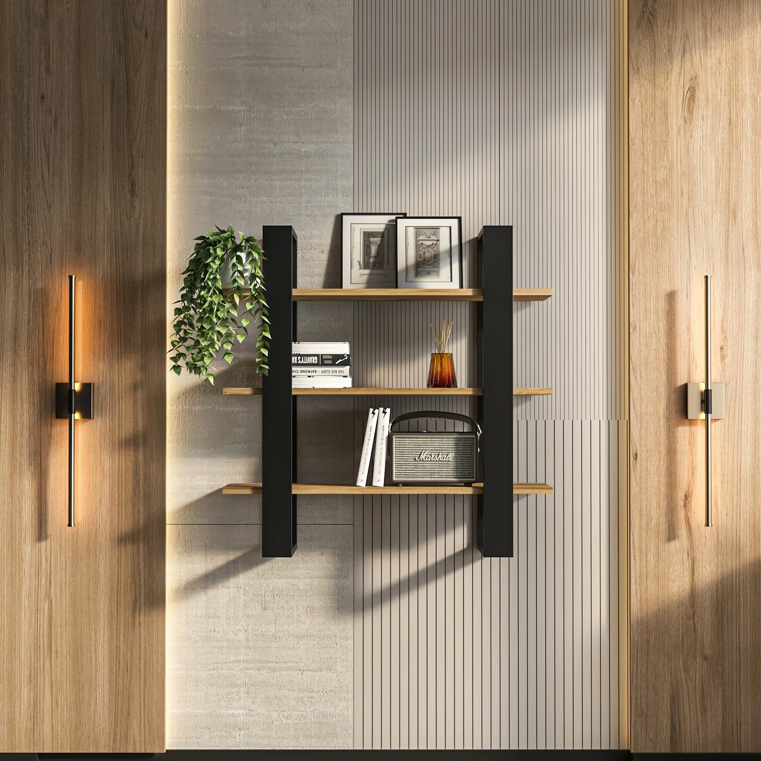 Raft muri Skye Decor, ngjyrë e zezë, lisi oud
