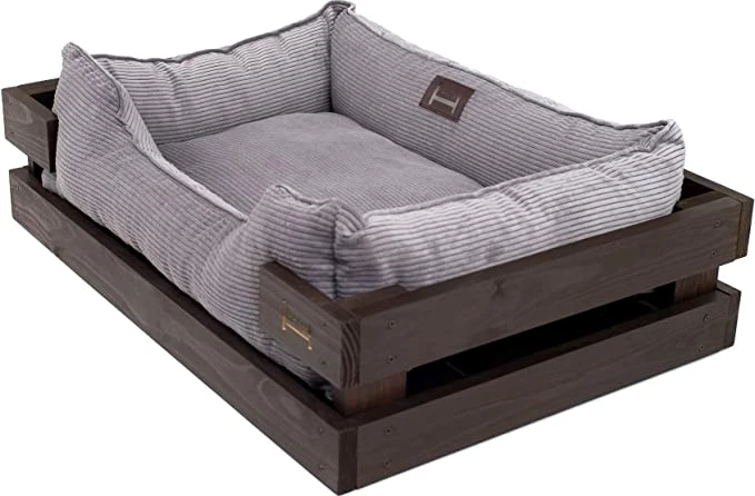 Harley & Cho Shtrati për kafshët "Dreamer Wood" prej druri (L, i kaftë + kadife gri)