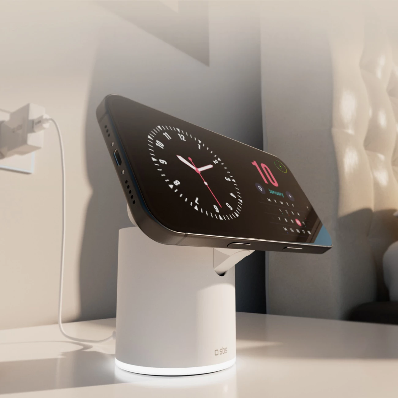 Karikues wireless me mbajtës 2-në-1, SBS, 15 W, USB-C, i bardhë