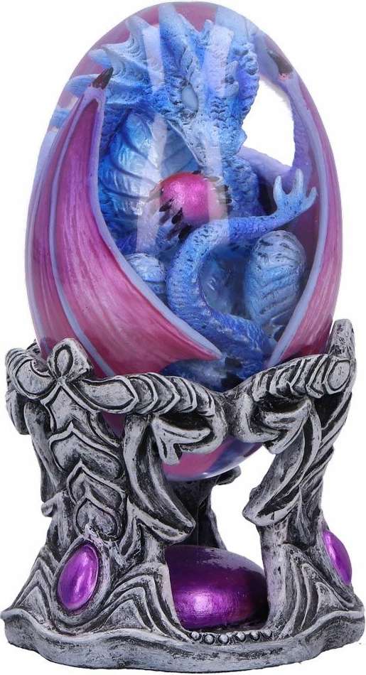 Figurinë NEMESIS NOW Elemental Dragonlings Water, 11 cm, rrëshirë, e pikturuar me dorë, vezë transparente e heqshme, blu/vjollcë, kuti dhurate