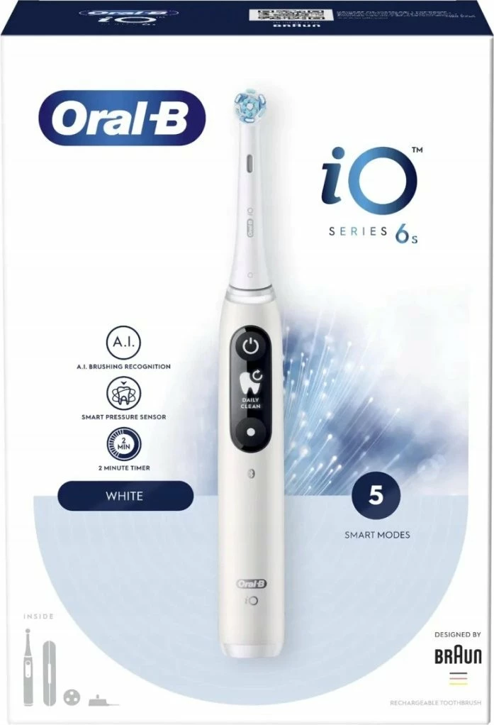 Furçë dhëmbësh elektrike Oral-B iO Series 6, 5 mënyra, OLED, me sensor presioni, me aplikacion, set 1 kokë + stacion karikimi + kuti udhëtimi, e bardhë