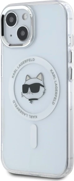 Mbështjellës Karl Lagerfeld IML Metal Choupette Head MagSafe për iPhone 15, Bardhë