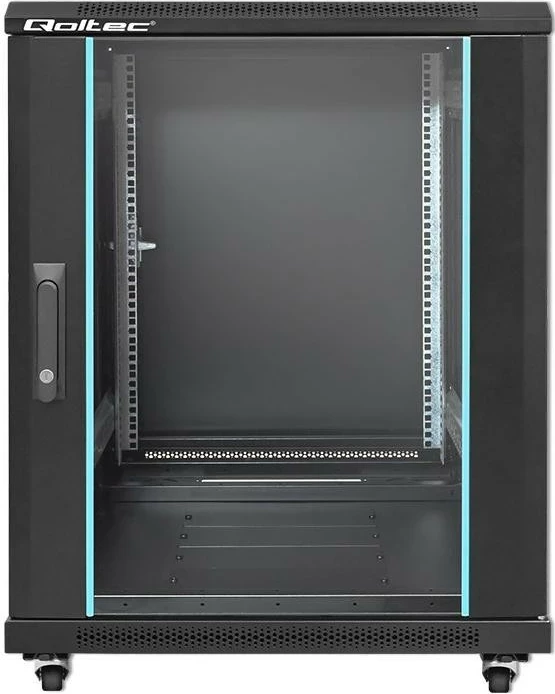 Kasë RACK Qoltec 54518, 19", 15U, 600x855x600mm, xham i fortë, këmbë + rrota, e zezë