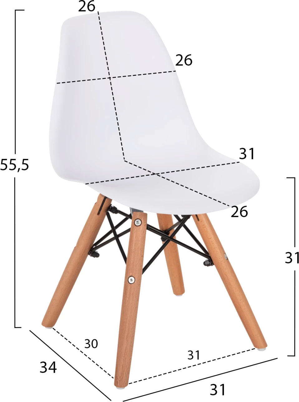 Karrige Twist për fëmijë FH8453.01 me këmbë druri dhe ulëse PP e bardhë 30,5x33x59 cm, set prej 4 copë