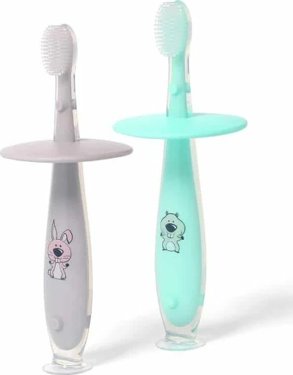 Furçë dhëmbësh për bebe BabyOno Safe 552/01, silikon e butë, 12m+, mint/gri, 1 copë