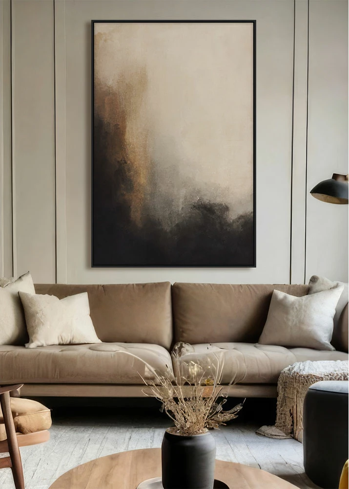 Pikturë dekorative Freeflow me kornizë, 80x120x4 cm, bezhë, e zezë, ari