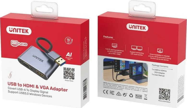 Adapter Unitek V1304A USB-A 3.0 në HDMI + VGA, gri