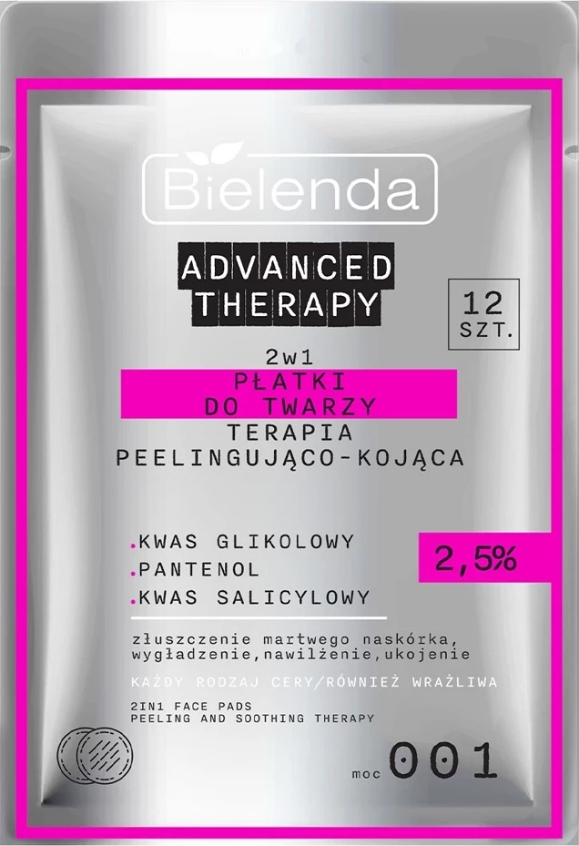 Patch për fytyrë Bielenda Advanced Therapy 2-in-1 Peeling and Soothing Therapy 2.5% për femra, 12 copa